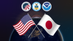 US & Japan’s flags crossed over Earth at night