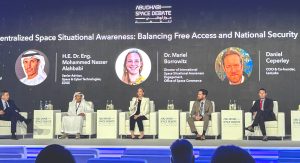 Dr. Mariel Borowitz on stage with H.E. Dr. Eng. Mohammed Nasser Alahbabi, Daniel Ceperley, Robbie Schingler, and Ryan Chilcote for a panel at the Abu Dhabi Space Debate