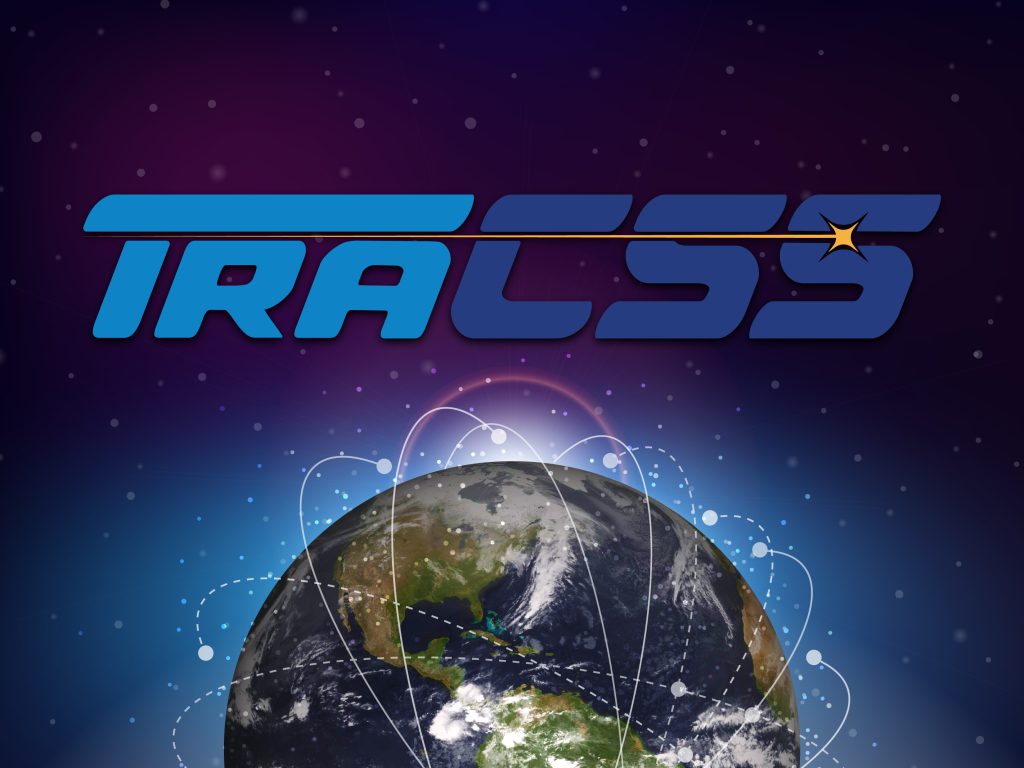 TraCSS logo over Earth with stylized orbits around it and a white light emerging over the horizon