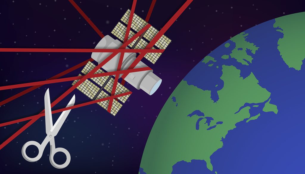 Satellite wrapped in red tape over Earth, with scissors about to cut the tape