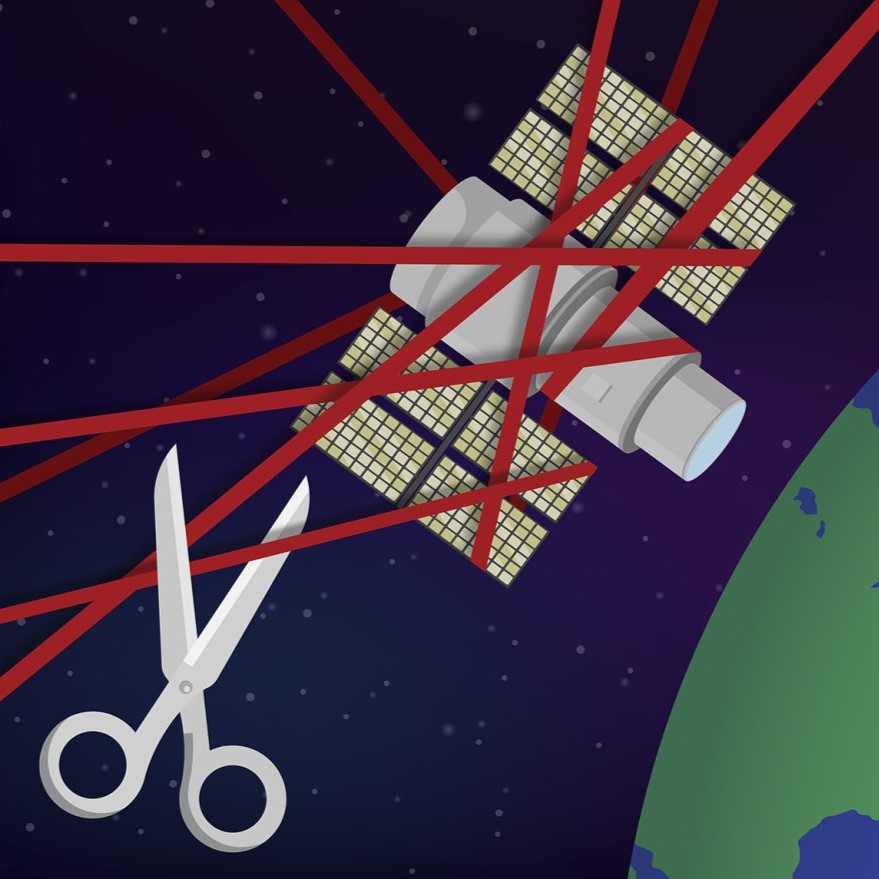 Satellite wrapped in red tape over Earth, with scissors cutting the tape